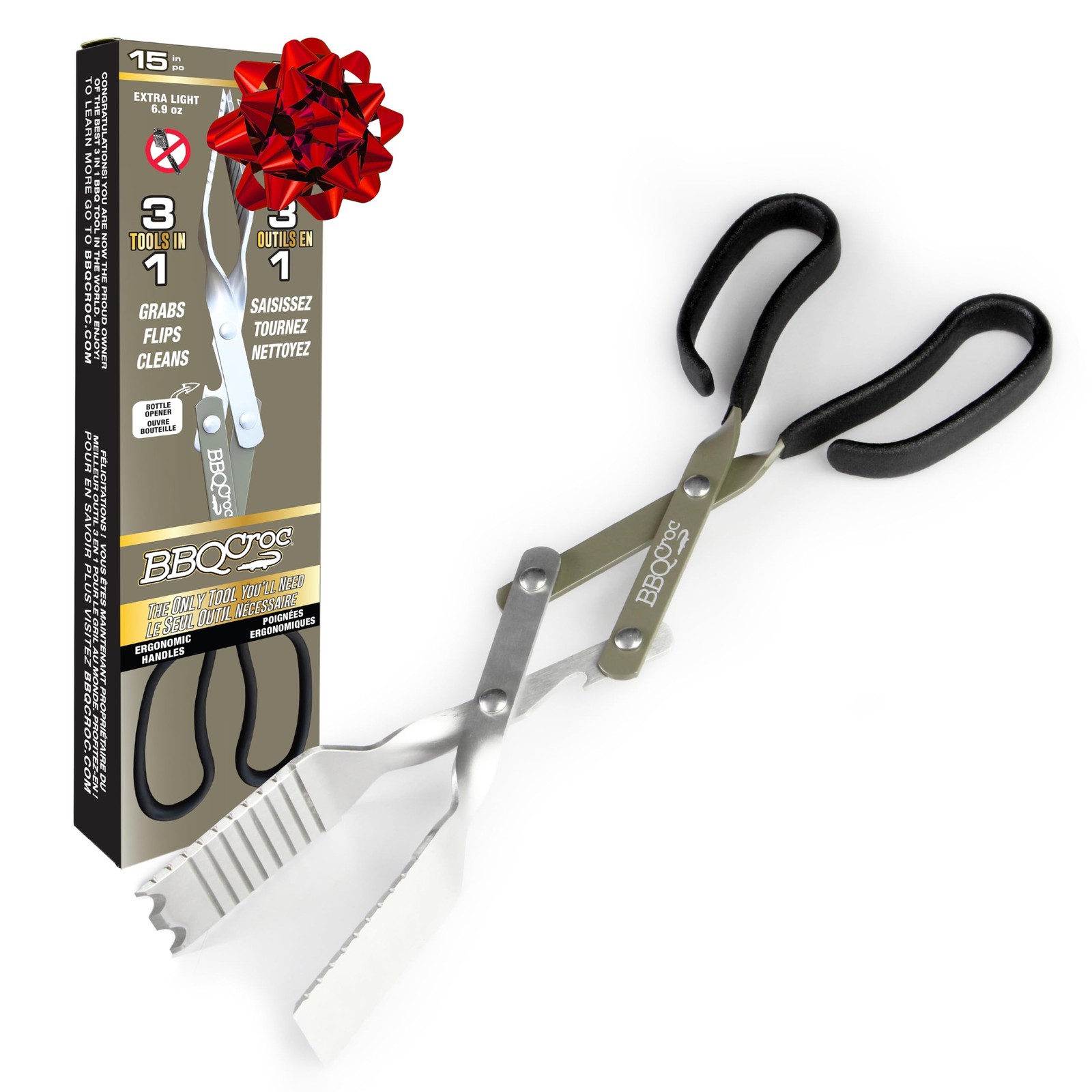 3 in 1 Barbecue Tool 15-inch - Extra Light Tongs, Spatula and Grill Scraper Gre gallery