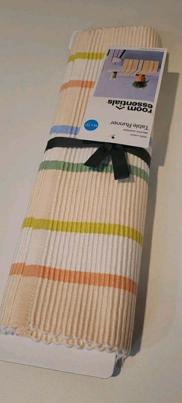 Summer Stripe Room Essentials Table Runner 100% Cotton 14×72 Beige White Blue Gr gallery