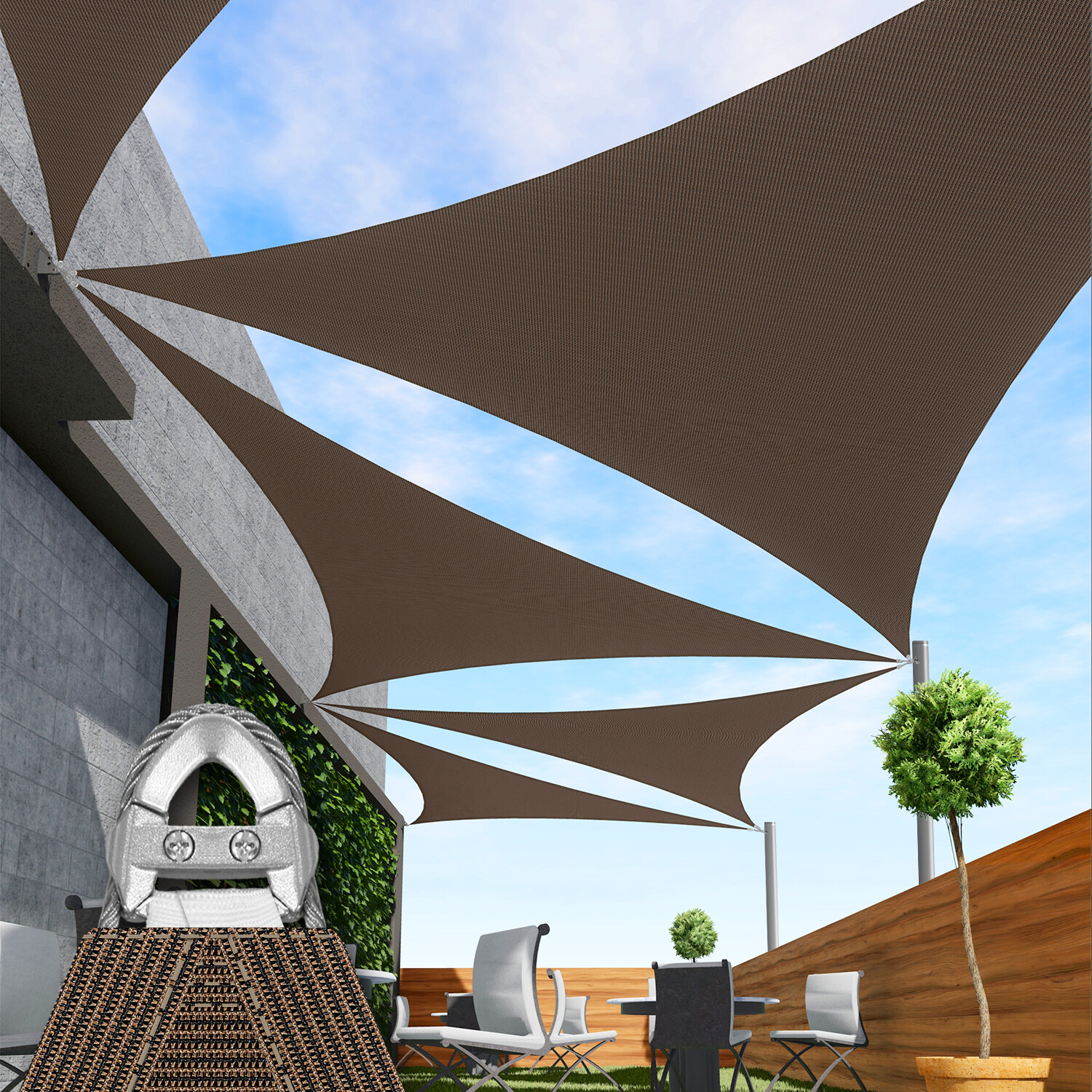 Brown Equilateral Triangle Outdoor Steel Cable Sun Shade Sail 260GSM gallery