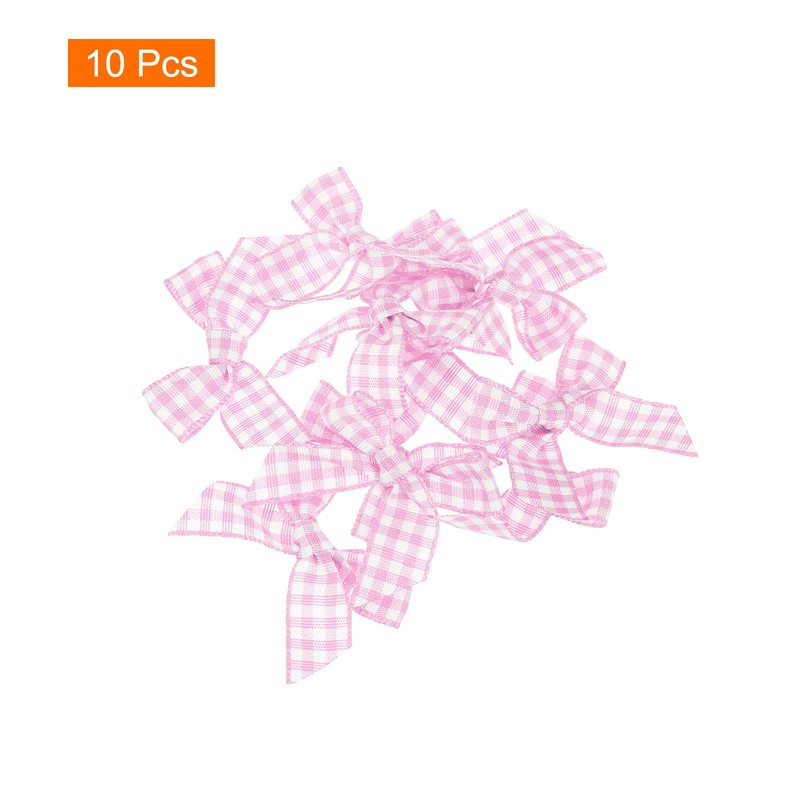 10Pcs Mini Gingham Ribbon Bow 1.5" Checkered Fabric Satin Pink and White gallery