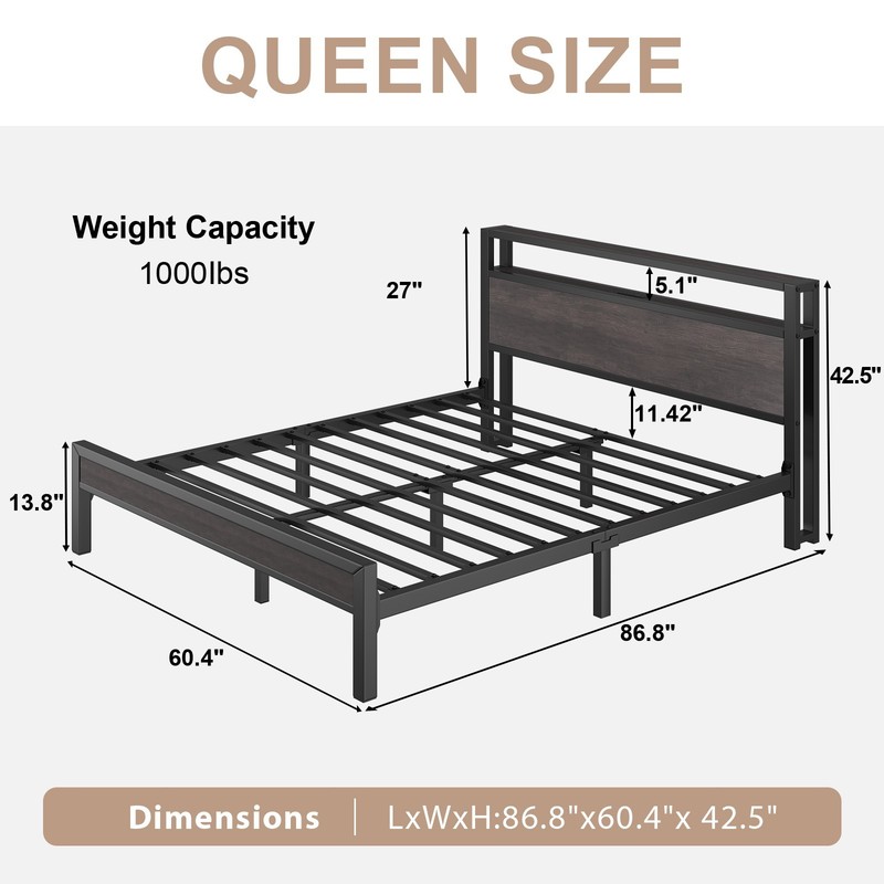 Full/Queen/King Size Bed Frame with LED Lights Headboard and 2-Tier Storage gallery