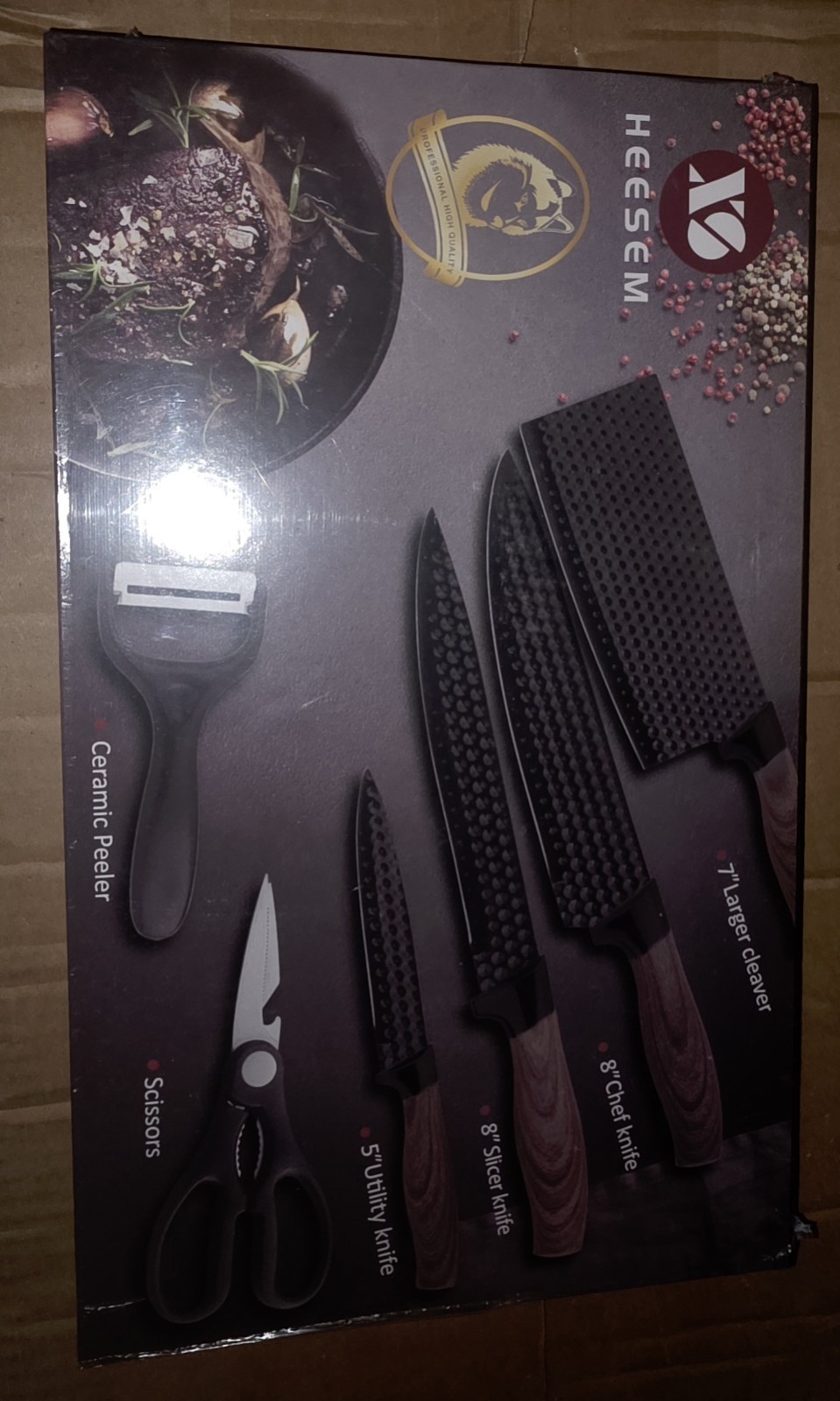 HEESEM Kitchen Knife Set 6pc Stainless Steel Wood Handle Cleaver Scissors gallery