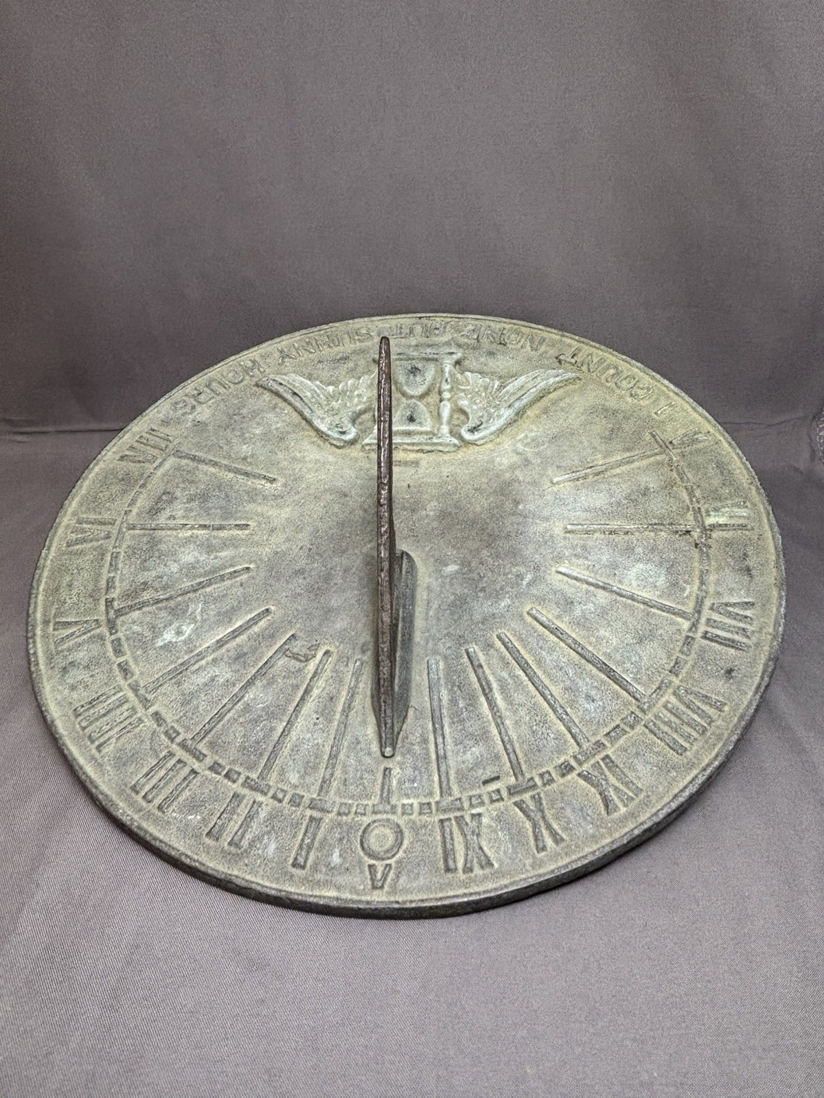 VTG BRASS 9” Sundial I Count None But Sunny Hours Winged Hourglass Garden Patina gallery