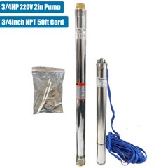 2″ 3/4HP Deep Well Submersible Pump, 220V, 6 GPM, 164FT Max, 26 Stage 50FT Cord