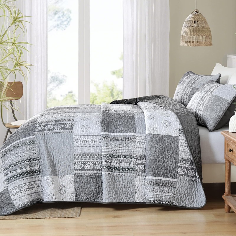 Grey Quilt Set Queen Size Boho Patchwork Bedspread Coverlet 3 Pieces, Bohemia... gallery