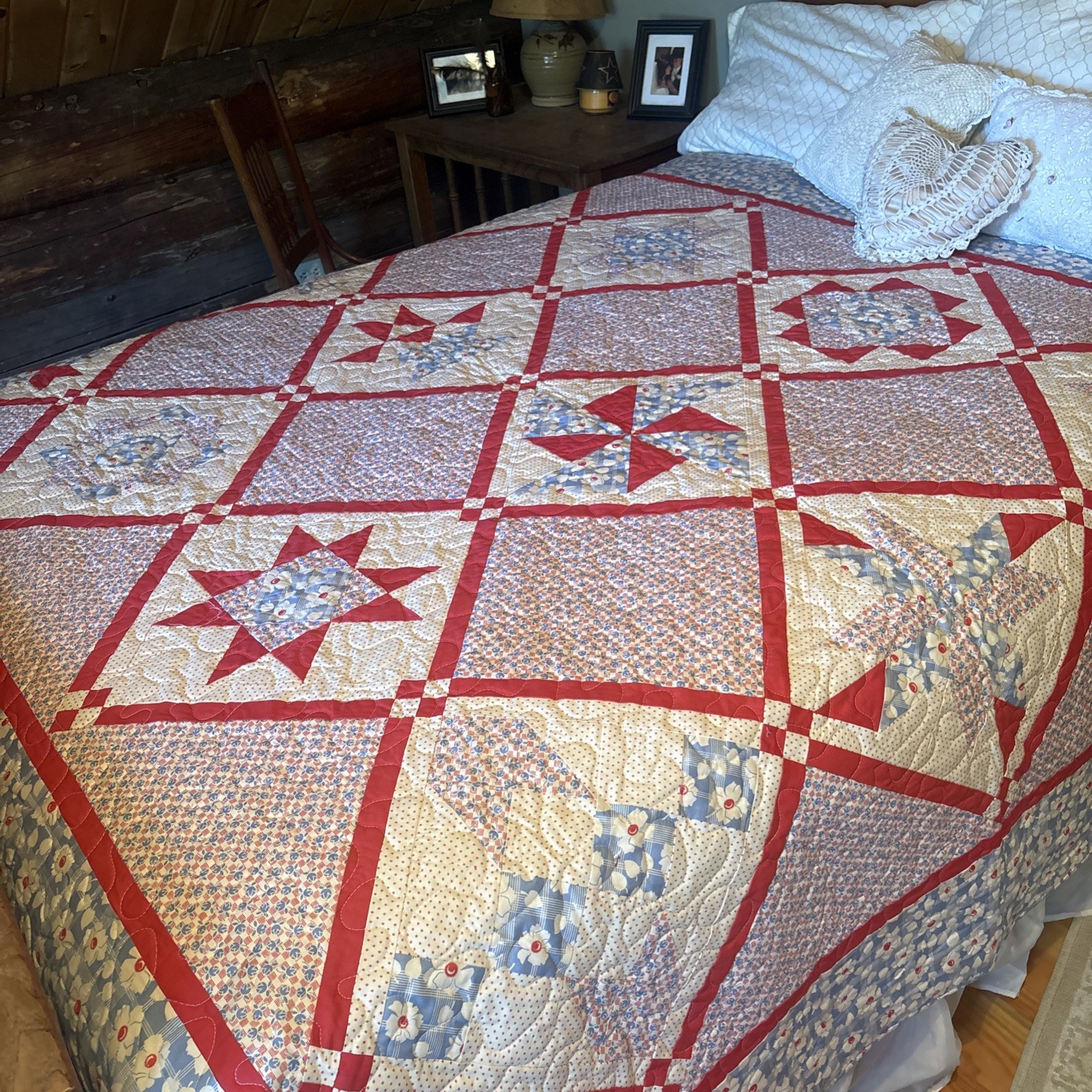 USA Handmade Queen Quilt- Blue Red & Cream Patchwork 100 X 80 gallery