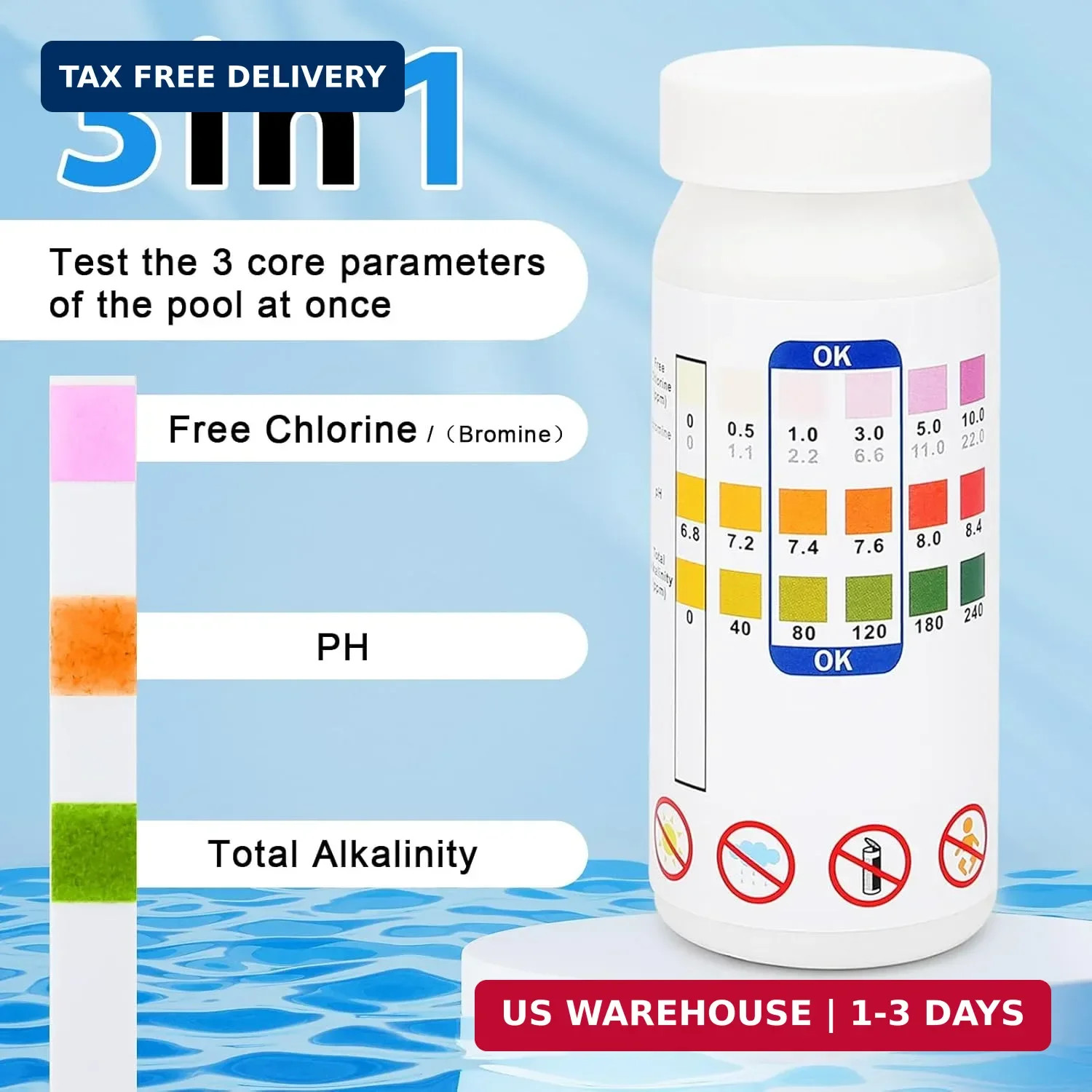 Pool Test Strips - 3-in-1 Pool Water Testing Kit for Chlorine/Bromine, pH, Alkal gallery