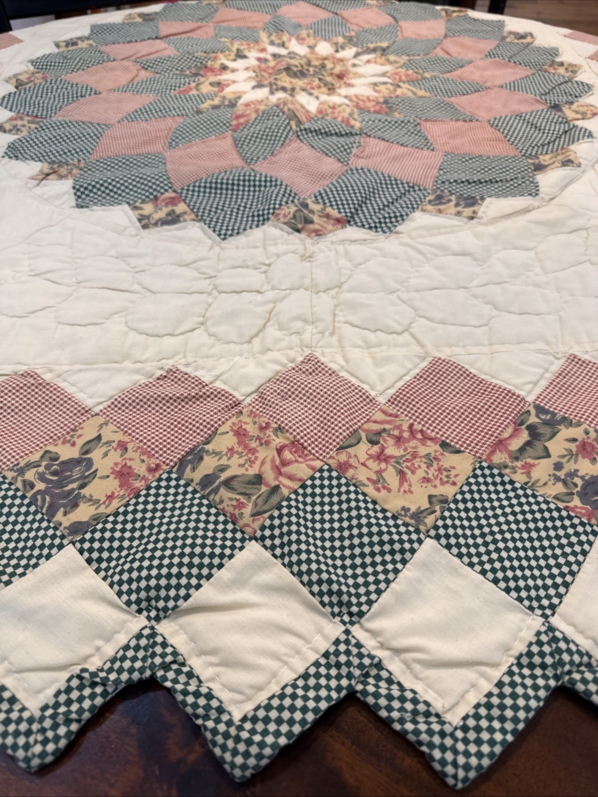 Quilted Star Tablecloth Wall Hanging Country Green Red 52x60 Hand Stitched gallery