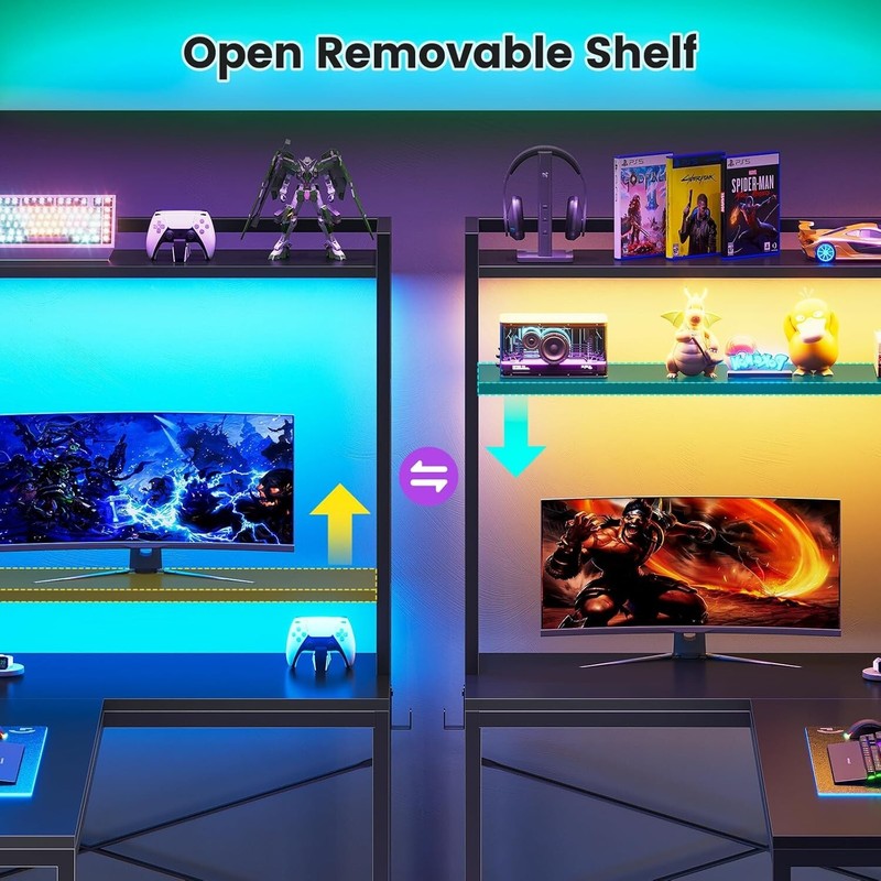 L Shaped Computer Desk, Small Corner Desk with LED Lights and Storage Shelves gallery