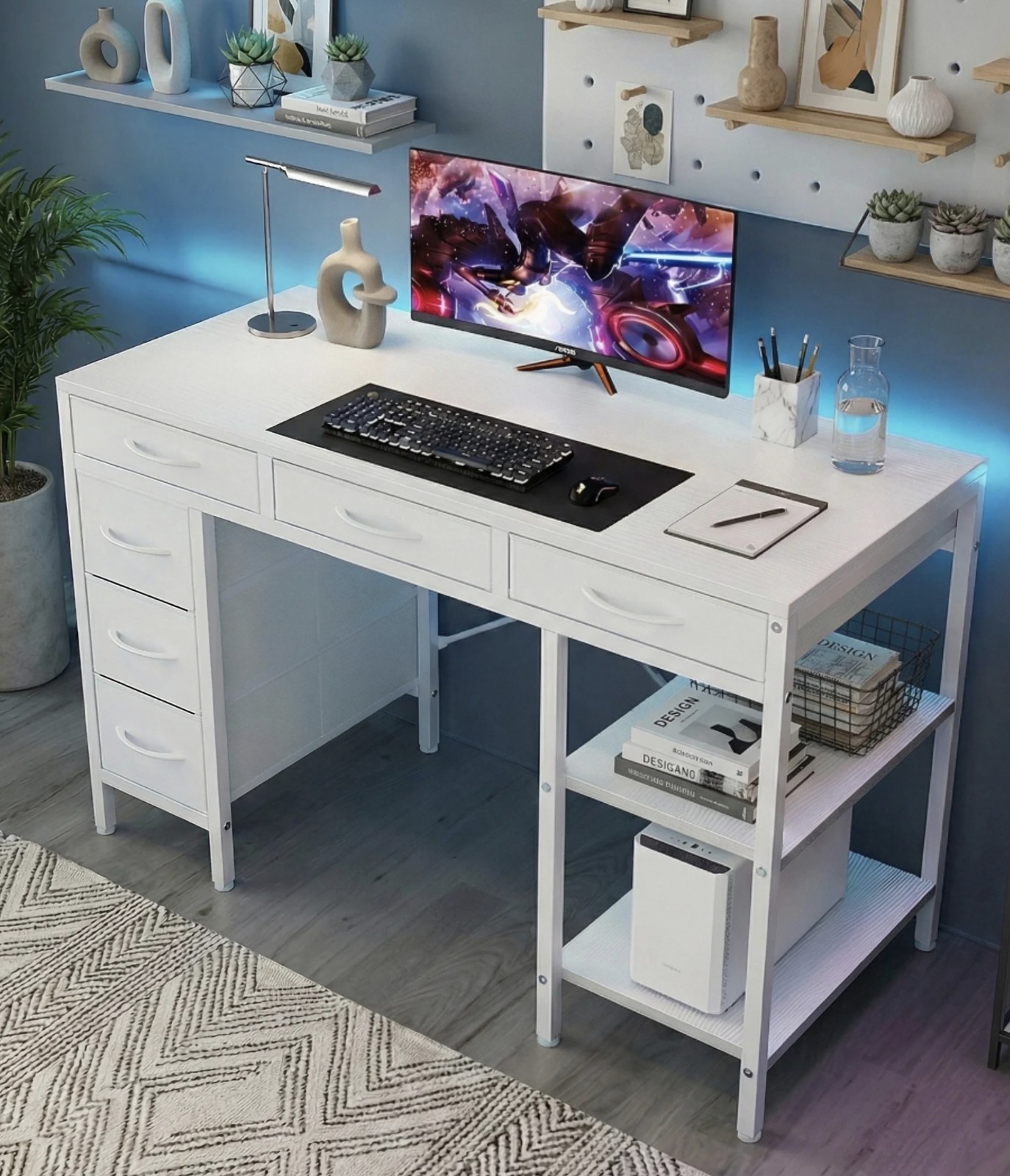 CONCETTA 55-Inch Computer Desk, 6 Drawers, 2 Shelves, White Polished Finish gallery