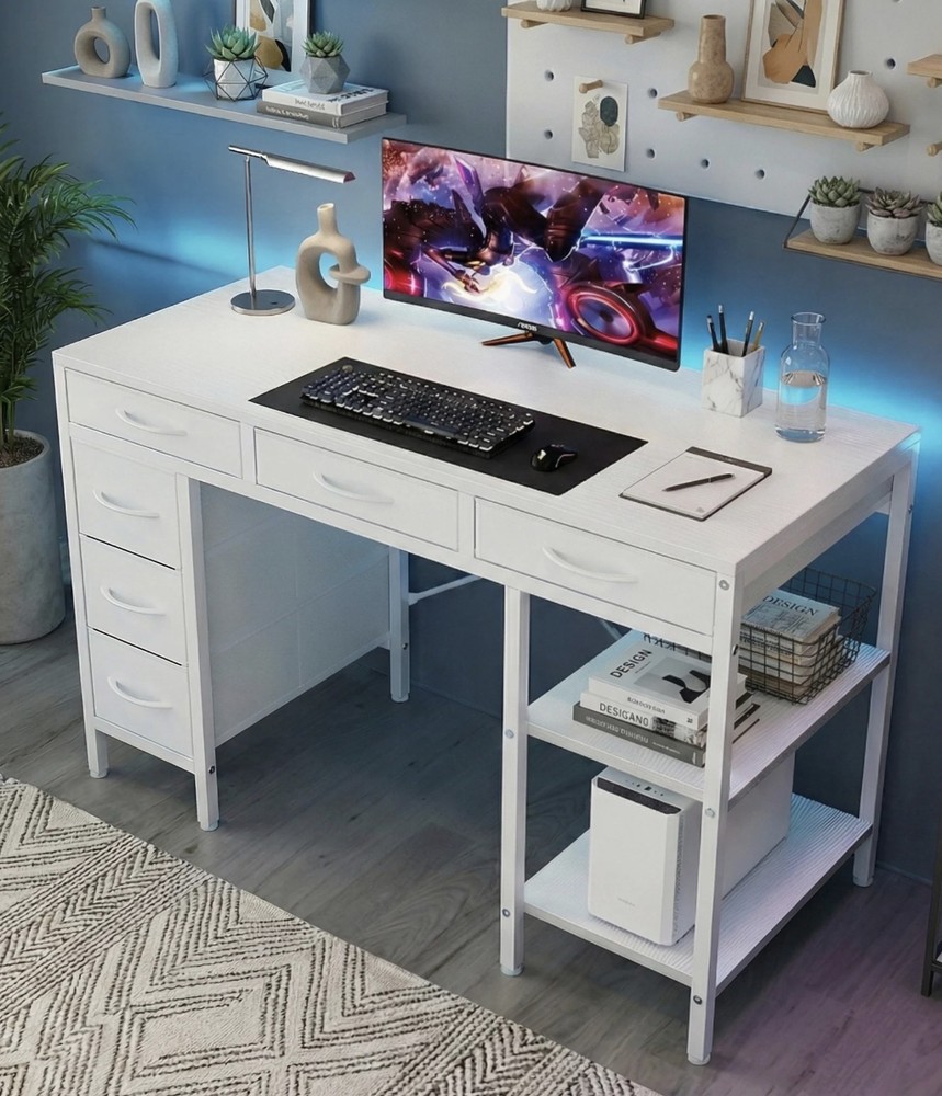 CONCETTA 55-Inch Computer Desk, 6 Drawers, 2 Shelves, White Polished Finish