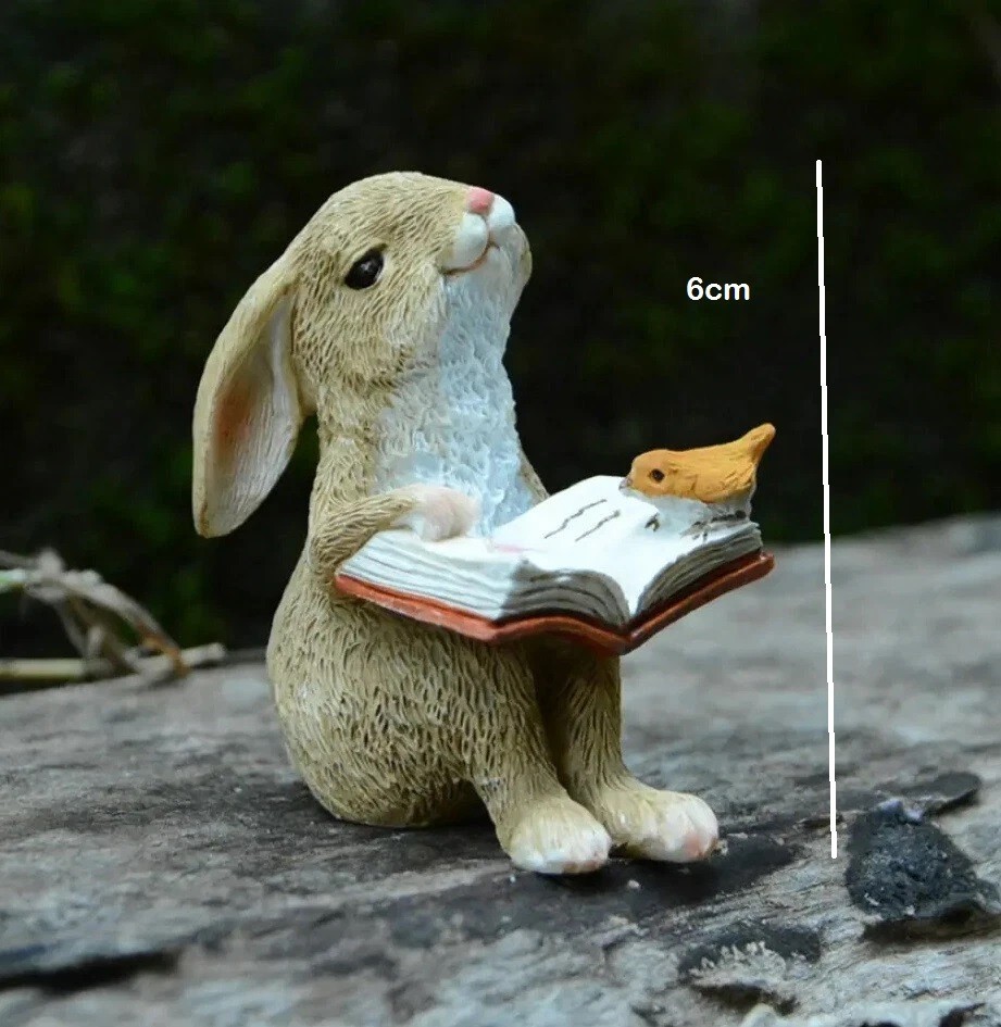 Bunny Rabbit Reading Book Figurine Miniature Fairy Garden Decor Resin Statue gallery