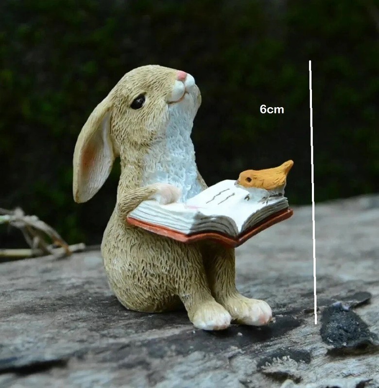 Bunny Rabbit Reading Book Figurine Miniature Fairy Garden Decor Resin Statue gallery