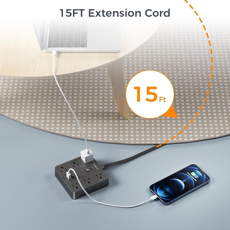 TESSAN Surge Protector Power Strip Flat Plug Extension Cord 5/15 Ft for Indoor gallery