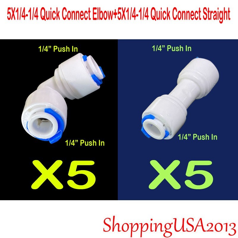 5 Pc Push In Straight + 5 Pc Quick Connect Elbow Fitting Connector RO 1/4-1/4 gallery