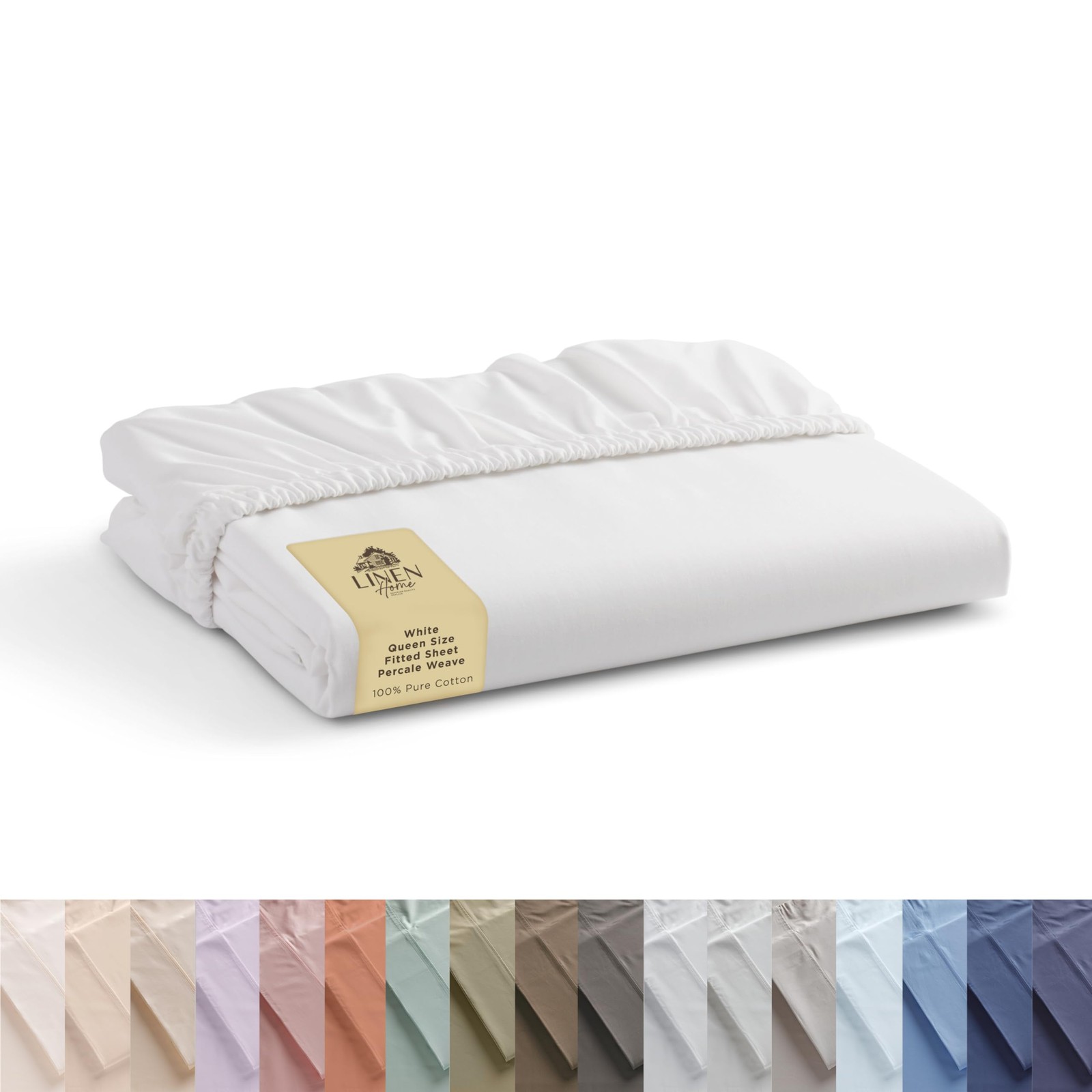 Linen Home 100% Cotton Percale Weave Fitted Sheet, Queen Size, White, 1 Deep Poc gallery