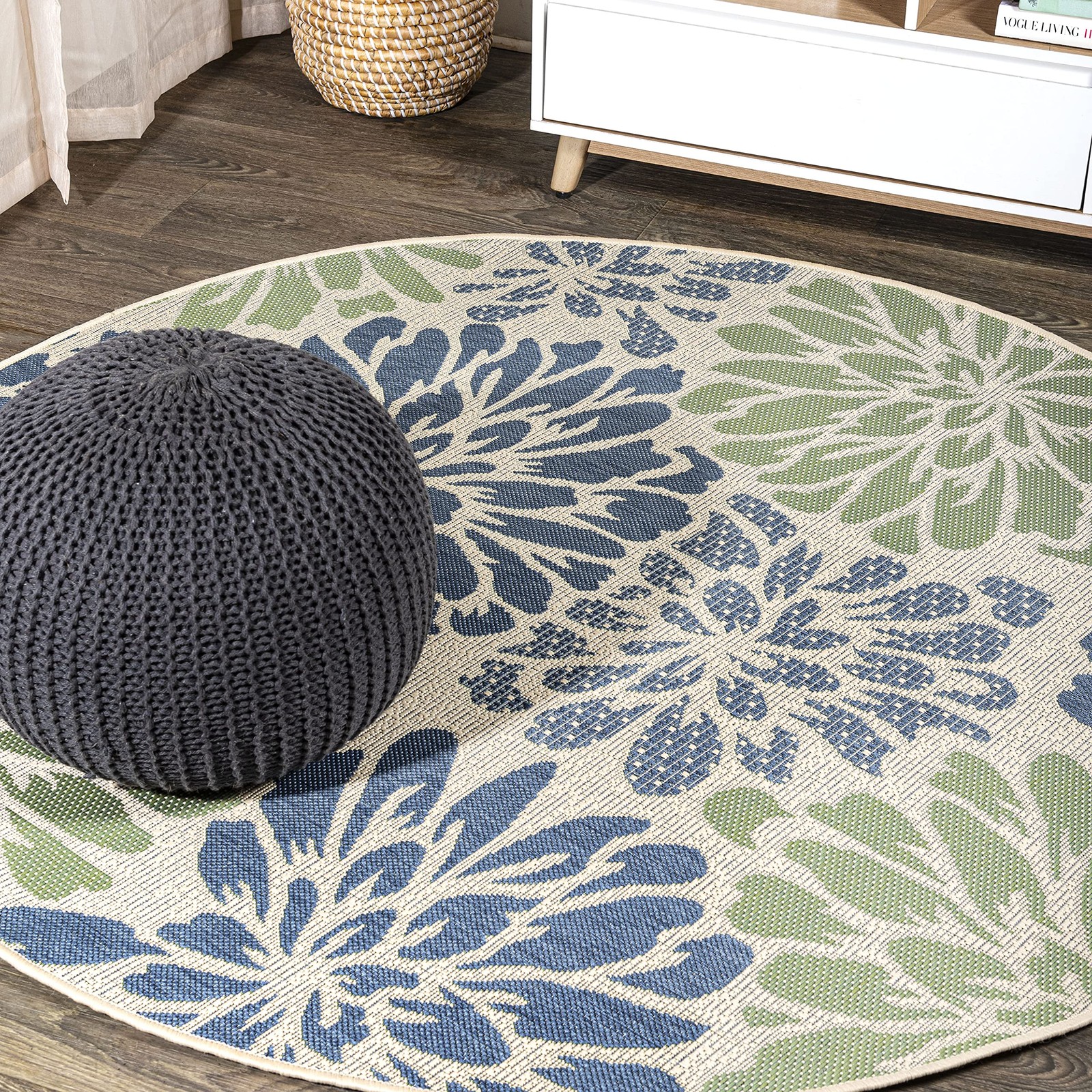 Jonathan Y Floral Textured Weave Indoor Outdoor Round Area Rug 6 Ft Navy/Green gallery