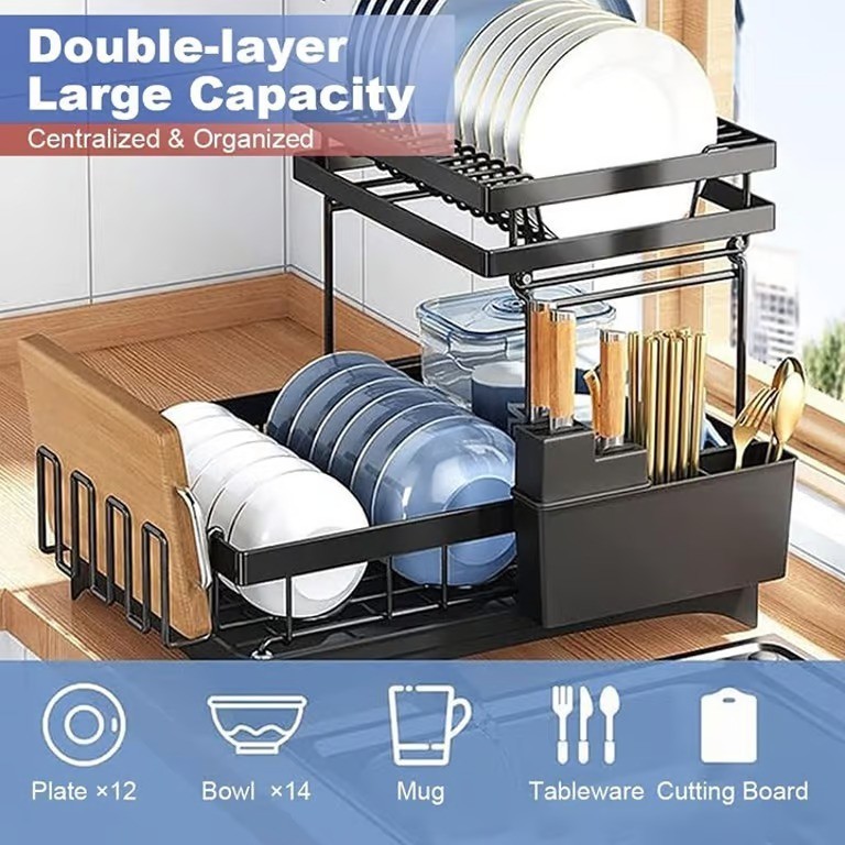 2 Level Over Sink Drying Rack Dish Drainer with Cutlery Holder Stainless Steel gallery