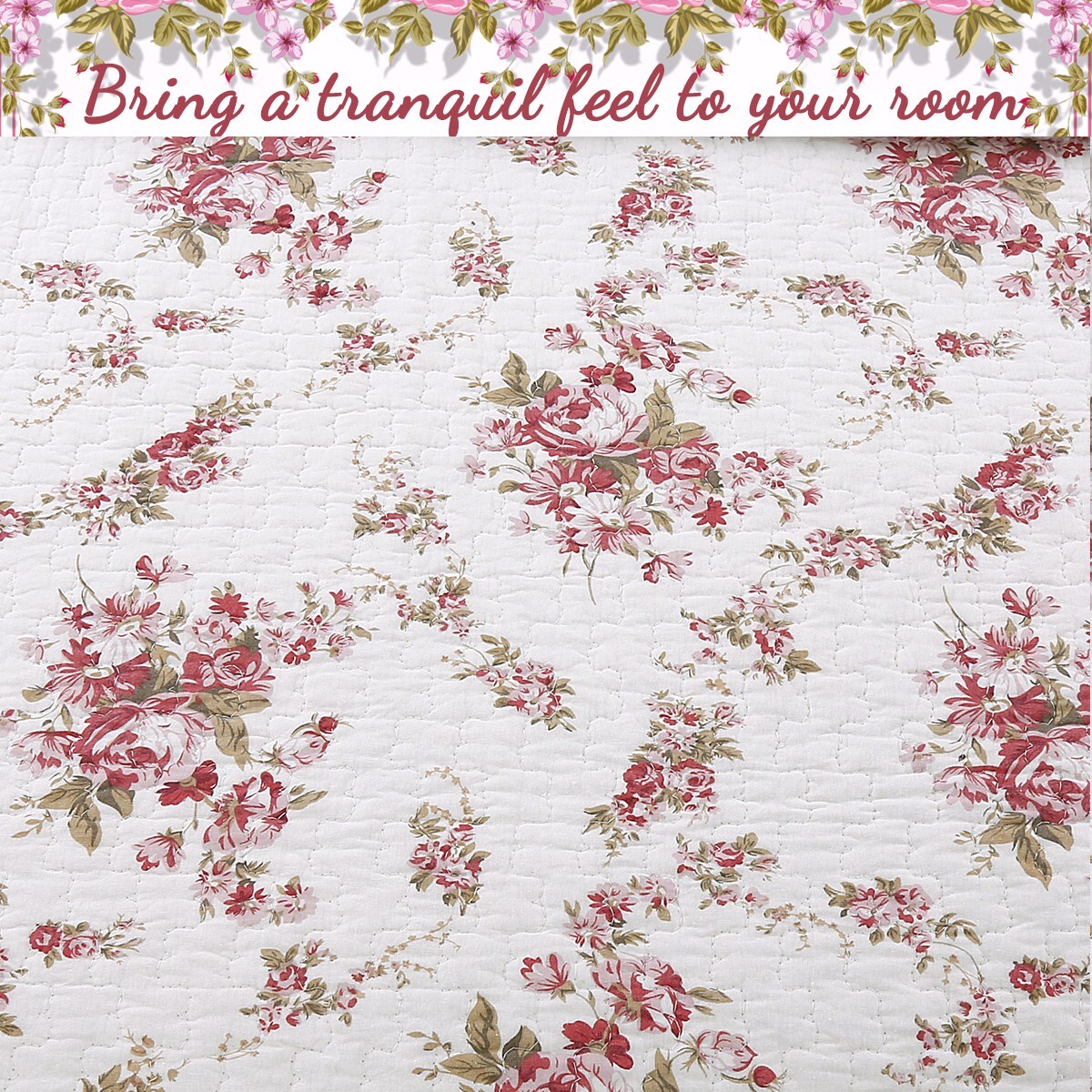 Fuchsia Red Rose White Floral Printed Reversible Cotton Quilted Throw gallery