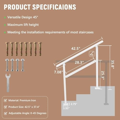 Hand Rails for Outdoor Steps,Railing for 2-3 Step White-1 Pack gallery