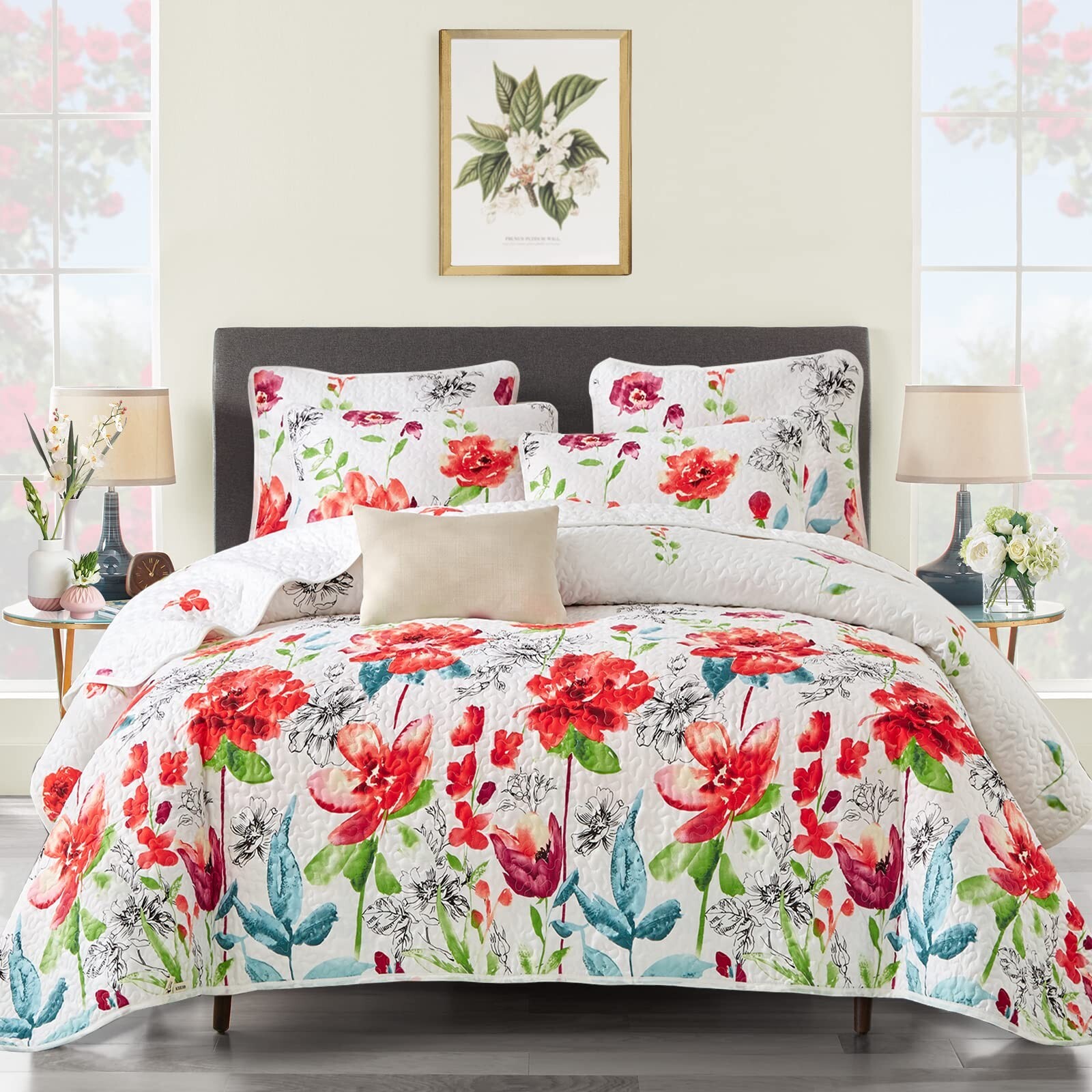 UOZZI BEDDING 3 Piece Queen Reversible Floral Quilt Set White Red Green Color... gallery