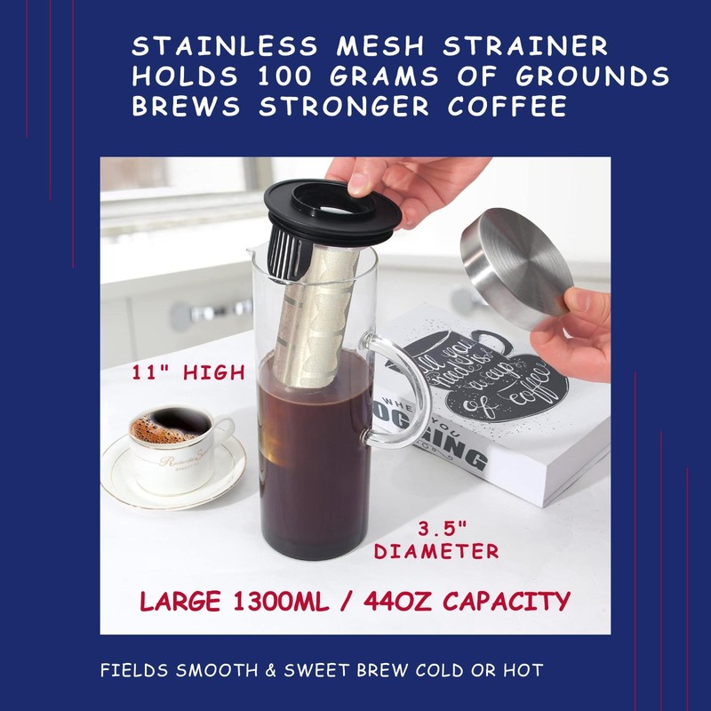 Cold brew coffee maker Kettle hot tea brewer infuser stainless filter large 44oz gallery