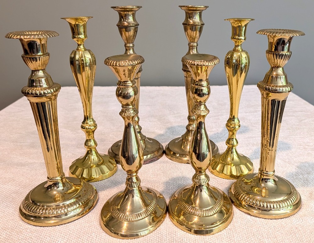 8 Vintage-Shiny Solid Brass Candleholders - 9 to 11.5 Inches Tall