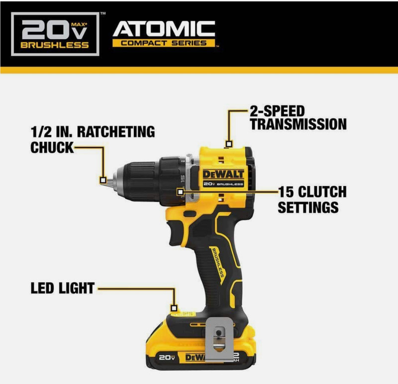 DEWALT ATOMIC 20V MAX Compact 1/2 in Drill Driver DCD794D1 2.0Ah Battery+Charger gallery