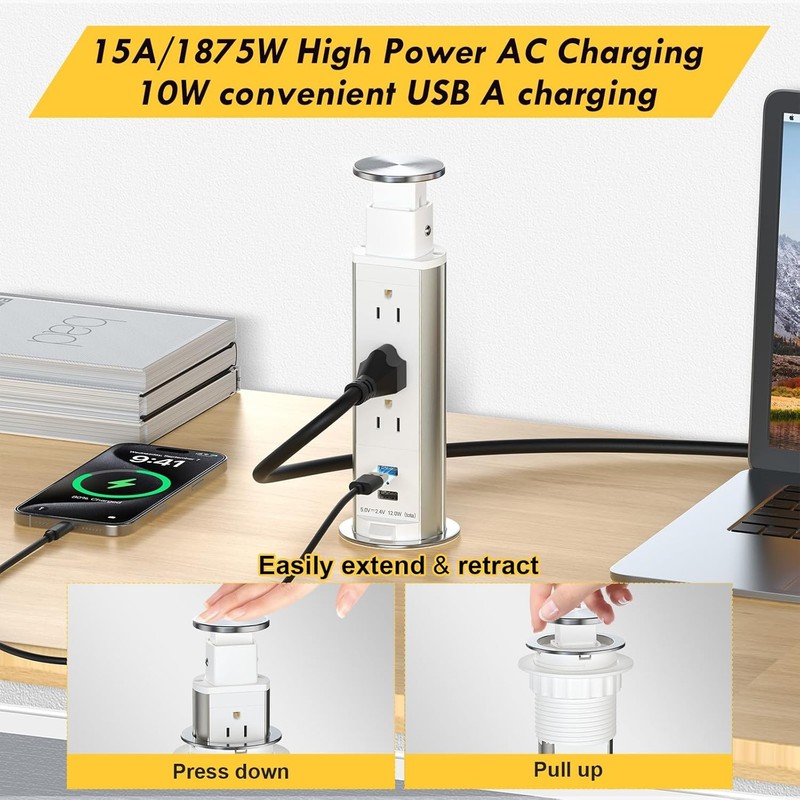 Pull-Up Power Socket – 3 AC Outlets, 2 USB Ports for Kitchen, Office, Desk gallery