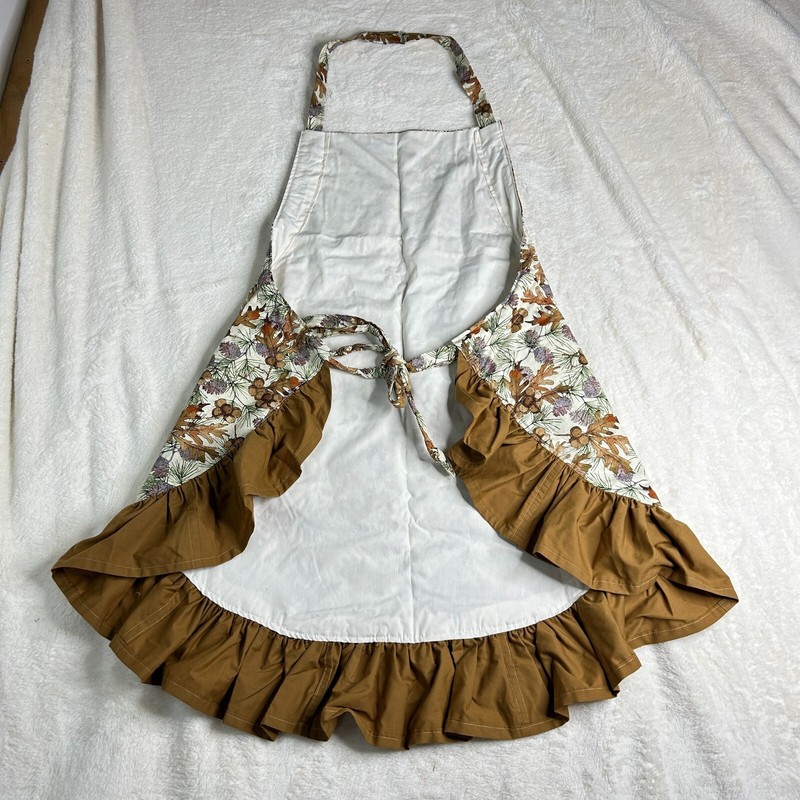 Handmade Apron Acorns & Pinecones Beige Tapestry with Pockets & Brown Frill gallery