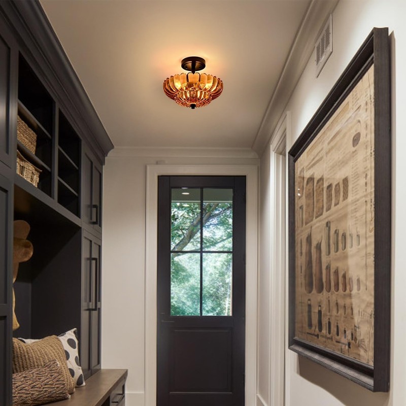 Modern Vintage Semi Flush Mount Ceiling Light Fixture, Amber Glass 3-Light gallery