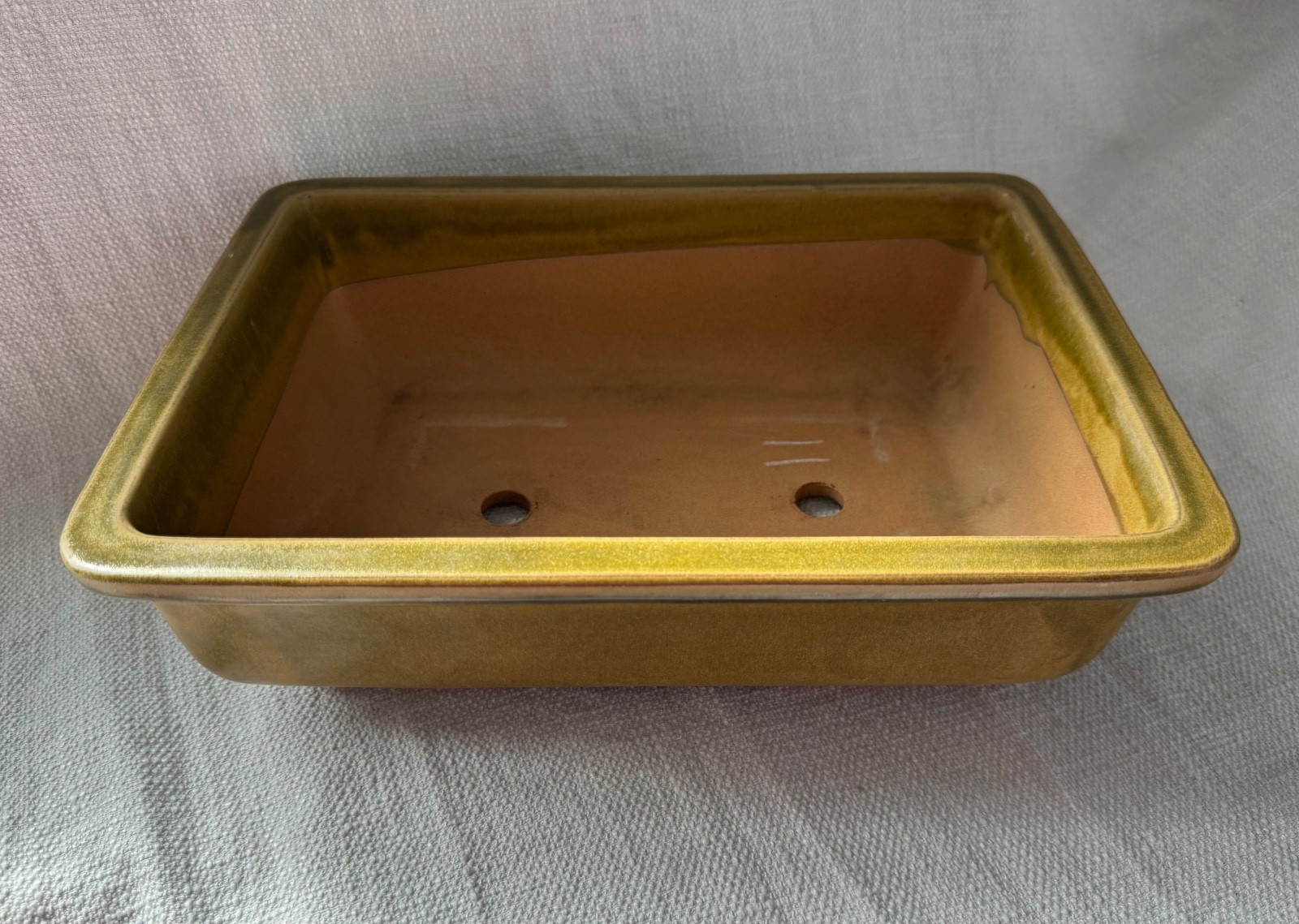 LARGE vintage Japanese rectangle bonsai pot 12.75” x 9” RARE green-yellow glaze gallery