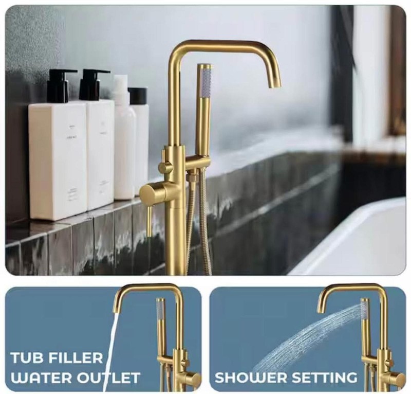 1-Handle Floor Mount Freestanding Faucet Bathtub Filler Brushed Gold gallery