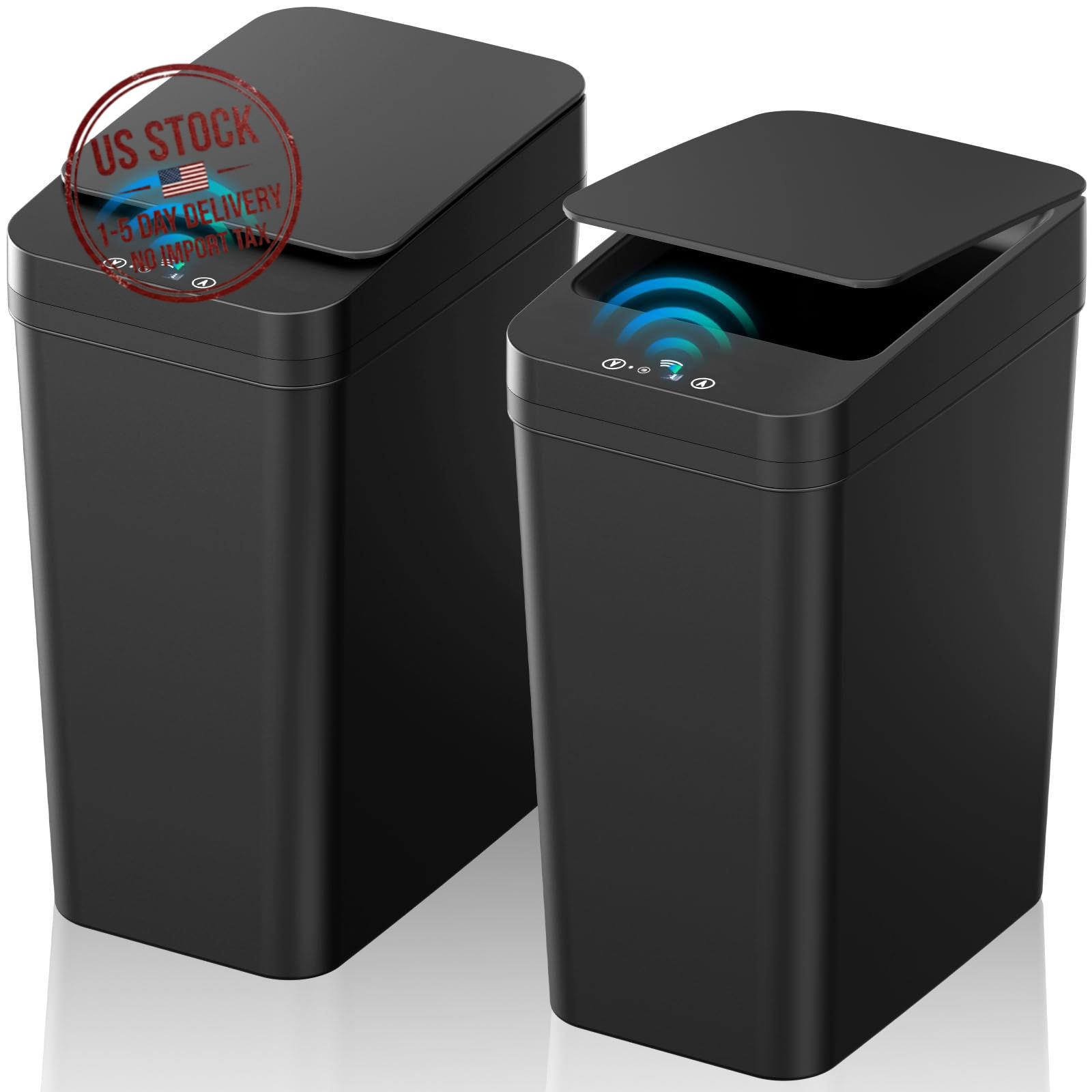 2 Pack 2.2 Gallon Bathroom Trash Can with Lid Motion Sensor Touchless Slim Black gallery