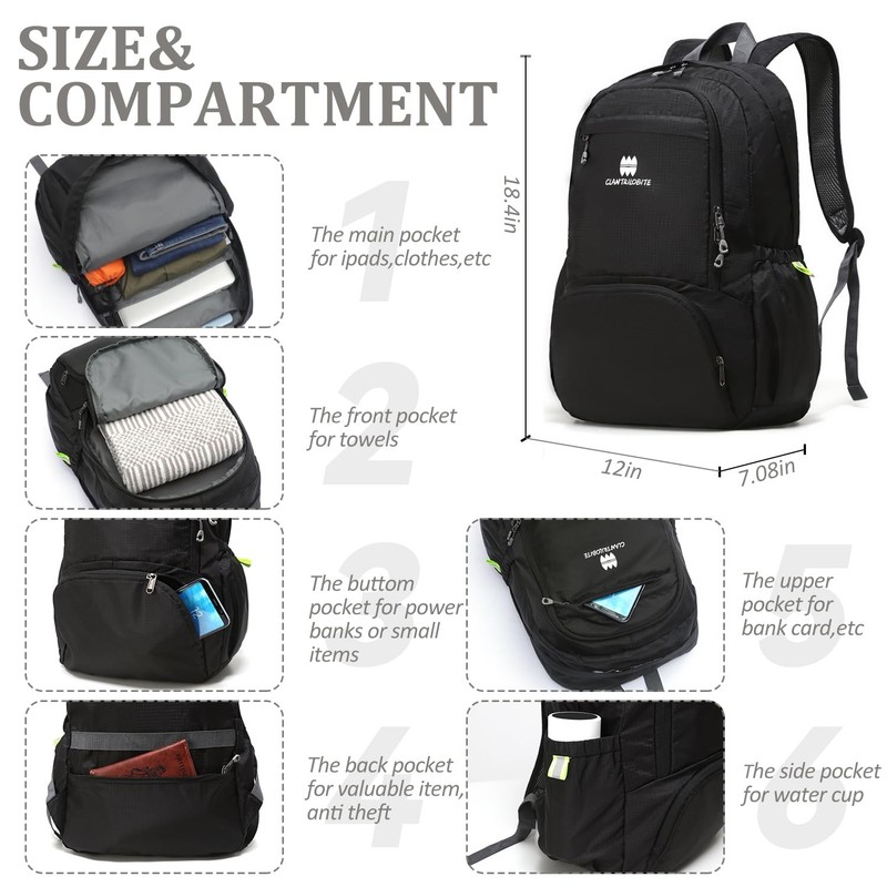 Lightweight Packable Travel Backpack, 30L Black Daypack Hiking Backpack for W... 2