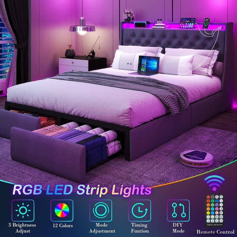 Full Queen Storage Bed Frame with LED Light,Upholstered Headboard &Charging Port gallery