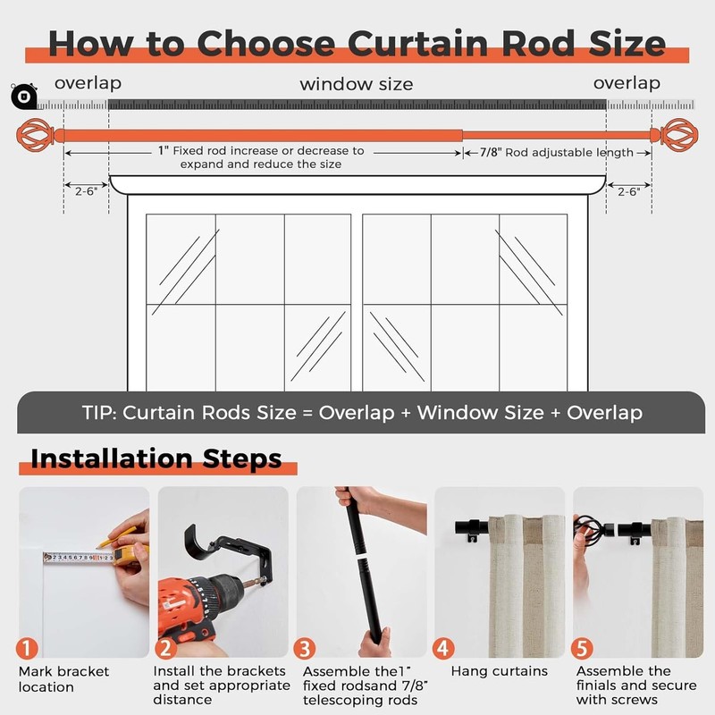 Black Curtain Rods 1 Inch Diameter Heavy Duty Adjustable 72-144" for Windows gallery