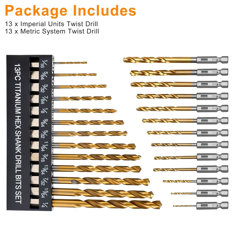 26pcs 1/4" Hex Shank Drill Bits Set HSS Quick Change Metric & SAE Twist Drills gallery