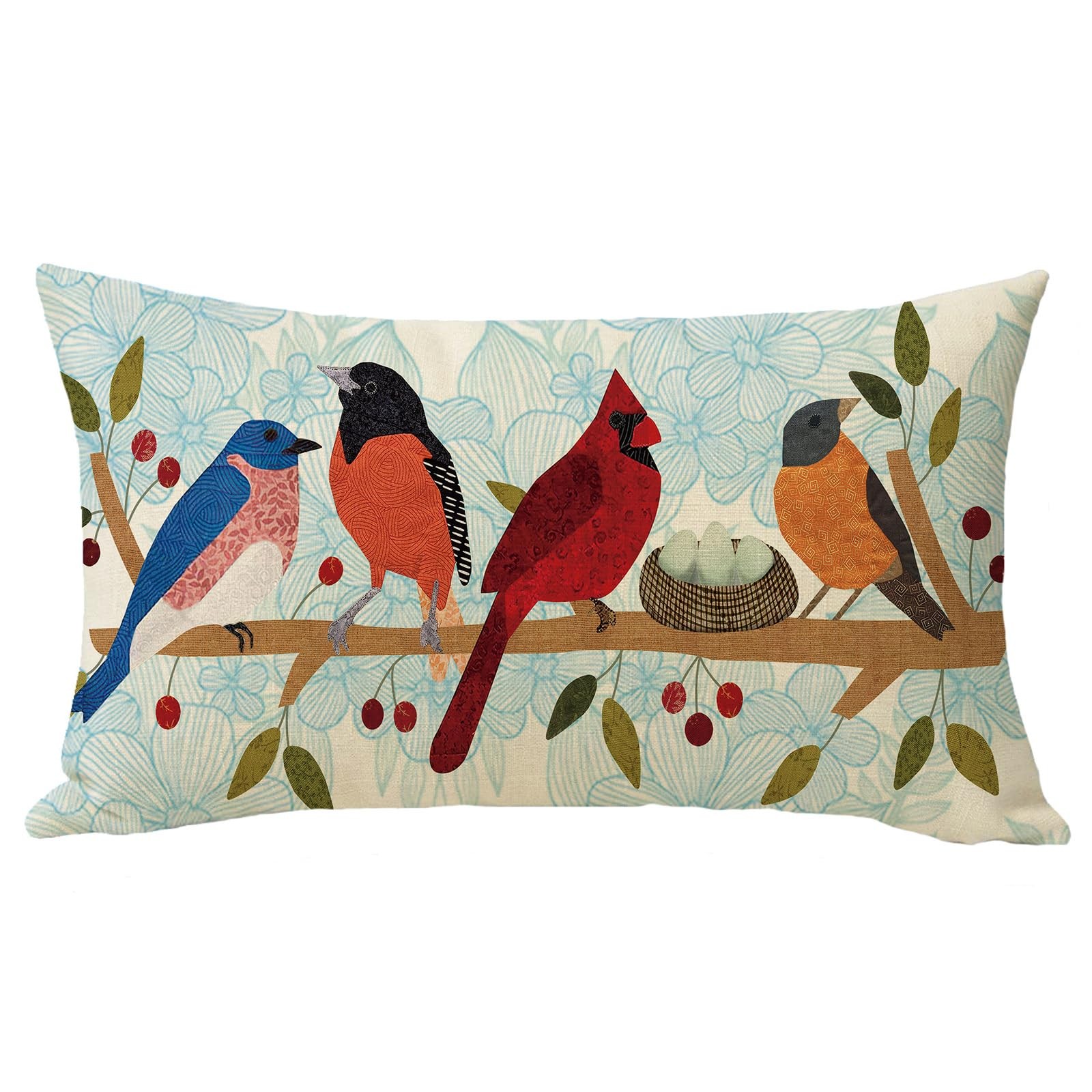 Spring Summer Birds Lumbar Decorative Throw Pillow Cover 12 x 20 Blue gallery