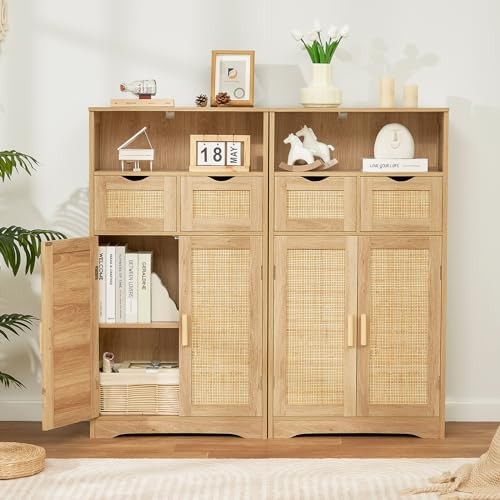 Storage Cabinet with 2 Drawers & Adjustable Shelves, Rattan Cabinet, Natural gallery