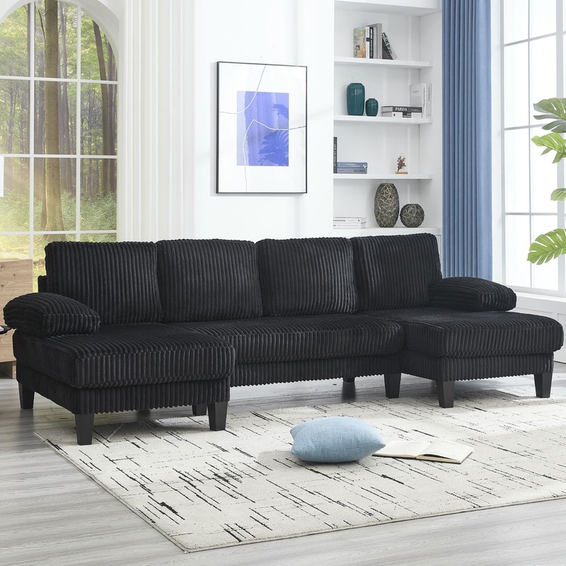 114" U-shaped Sectional Sofa Couch Corduroy Fabric Sleeper Dual Chaise Lounges gallery