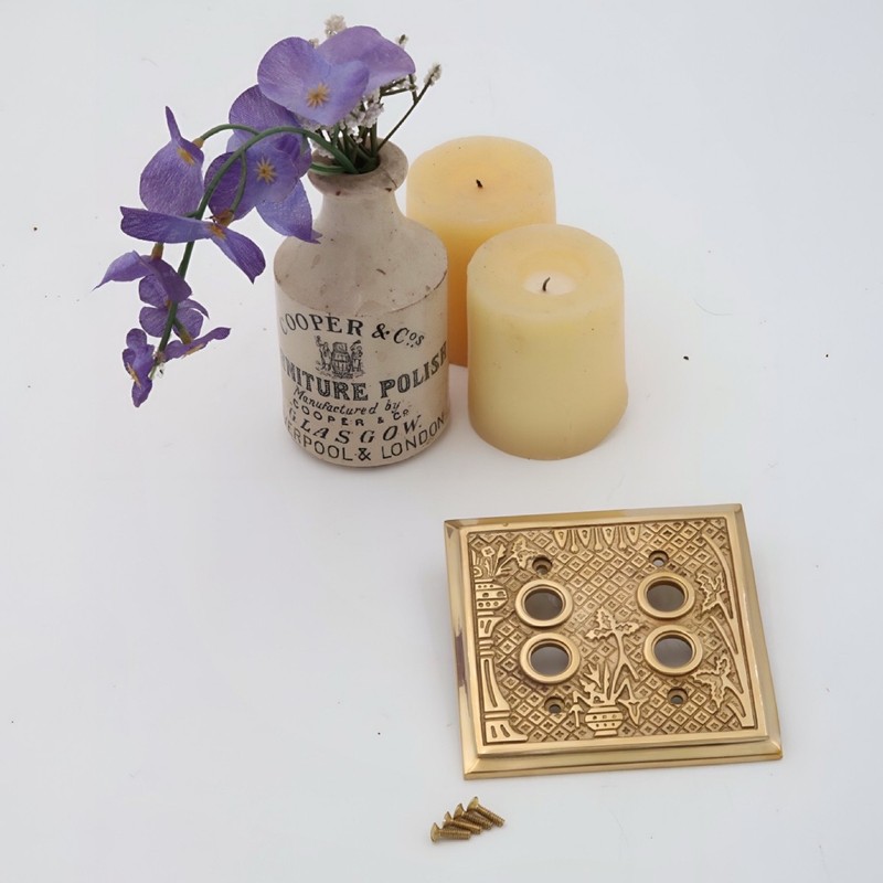 Victorian Style Double Gang Push Button Switch Plate Solid Thick Brass gallery