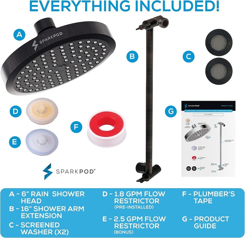 Sparkpod 6” Luxury Rainfall Shower Head And 11” Adjustable Shower Arm Extension gallery