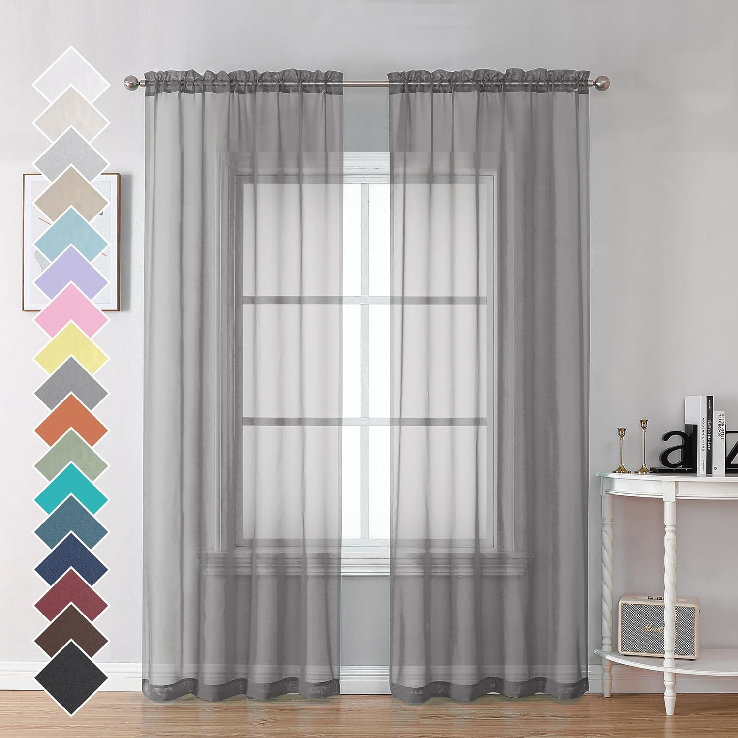 2 Panels Grey Sheer Curtains, 84" Length for Bedroom, Elegant Light Filtering Sh gallery