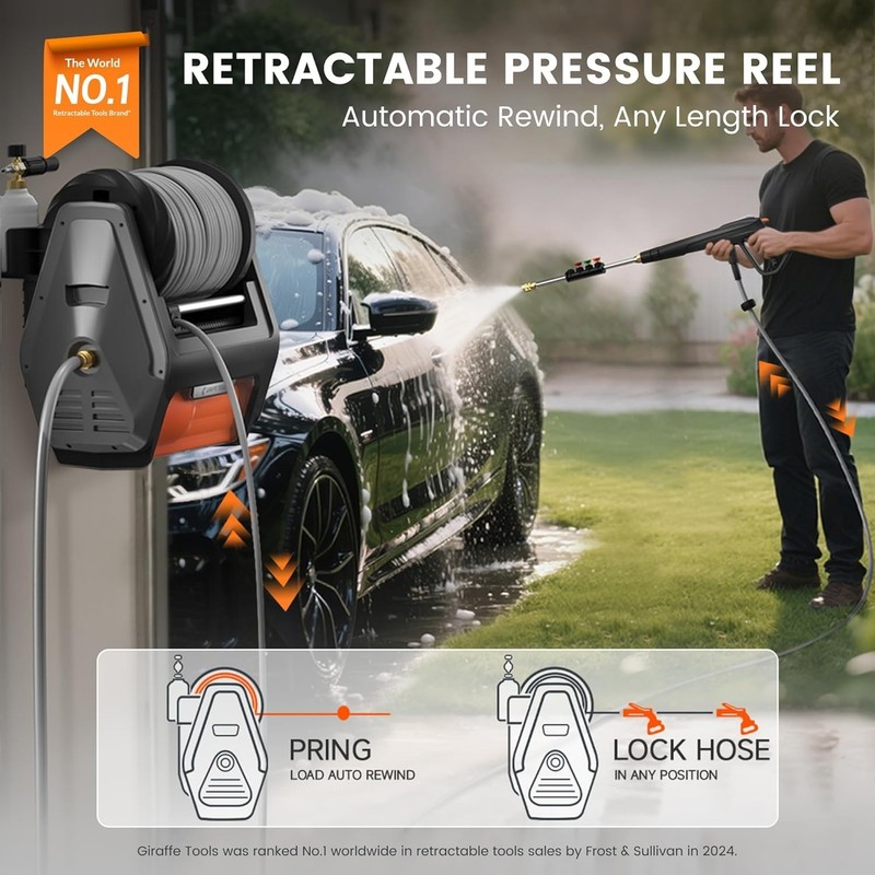 Giraffe Tools Retractable Wall Mounted Pressure Washer Pro, Max 3700 PSI 1.6 GPM gallery