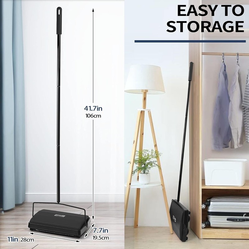 Carpet Floor Sweeper with Adjustable Handle Non-Electric Manual Sweeping Black gallery