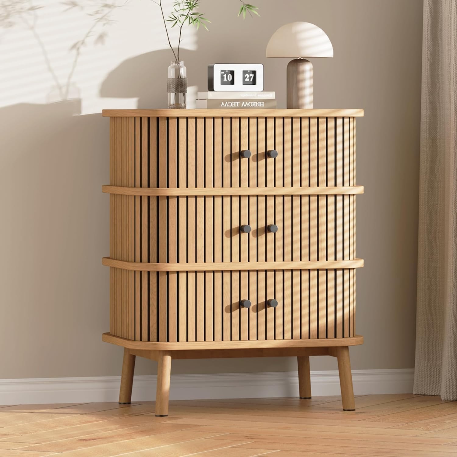 3 Drawer Mid Century Modern Wicker Chest of Drawers for Bedroom Closet Brown gallery