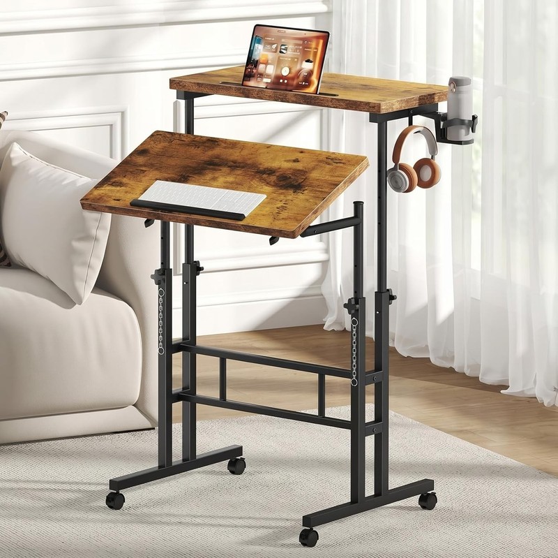 Dual Desktop Height Adjust Rolling Desk w/Cup Holder&Hook,Stand Computer Table gallery