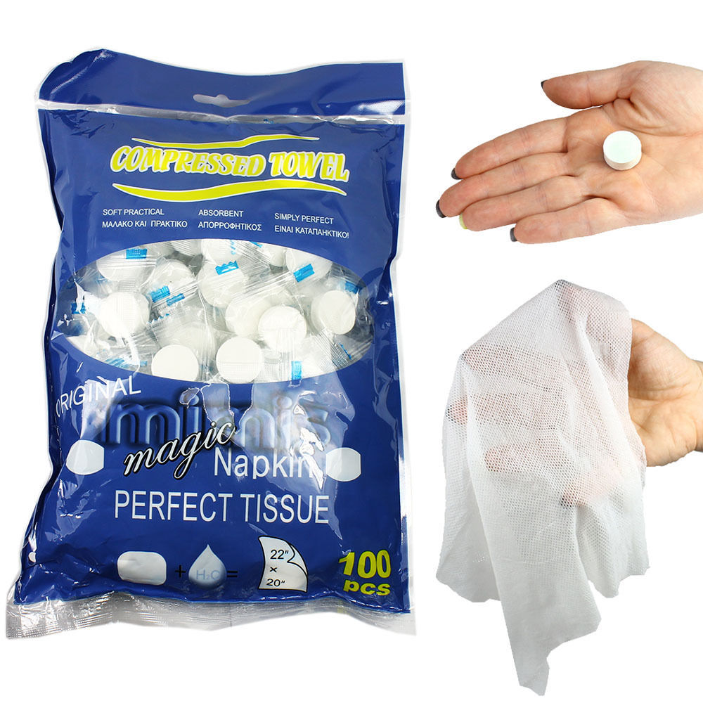 100 PACK Compressed Towel Wipe Soft Cotton Expandable Tablet Just Add Water gallery