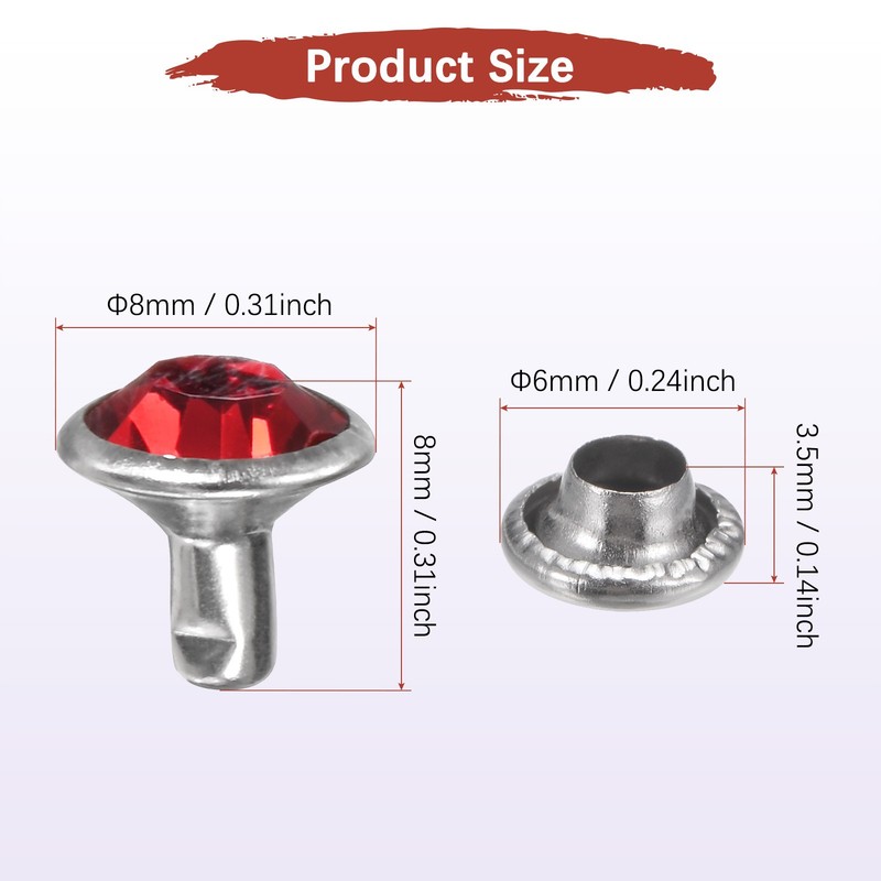 Clear Rhinestone Rivets [100pcs] - Crystal Rivets - [Red - 0.31 IN] gallery